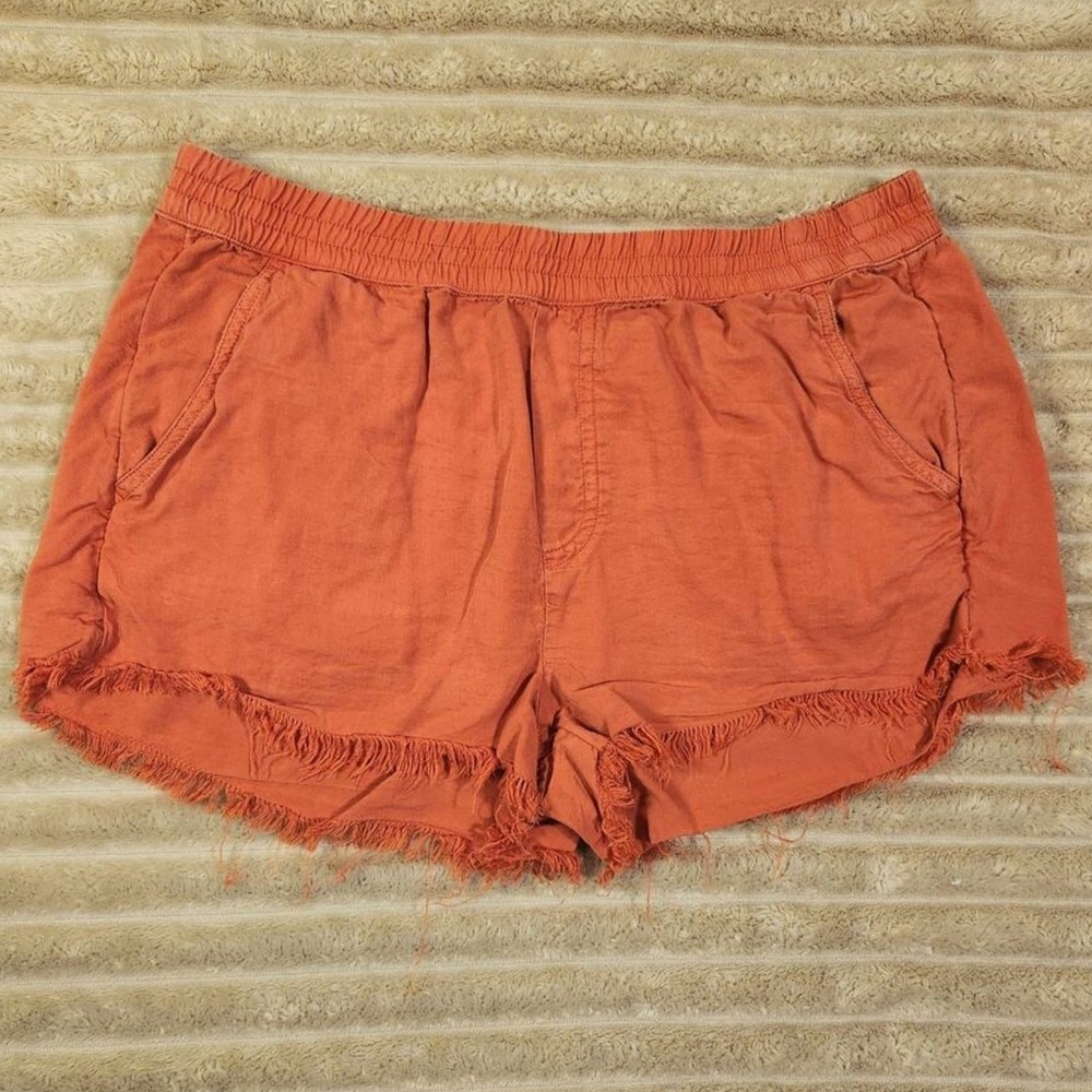 Aerie Vibrant Orange Frayed Hem Pull On Shorts Summertime Ruffled Size‎ M